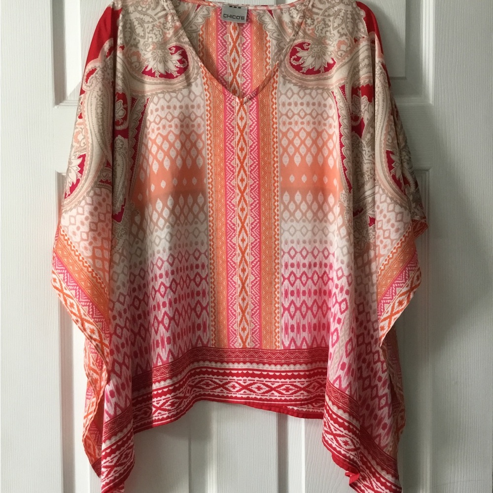 Chico's Pink, Orange & Cream Printed V-Neck Poncho Top